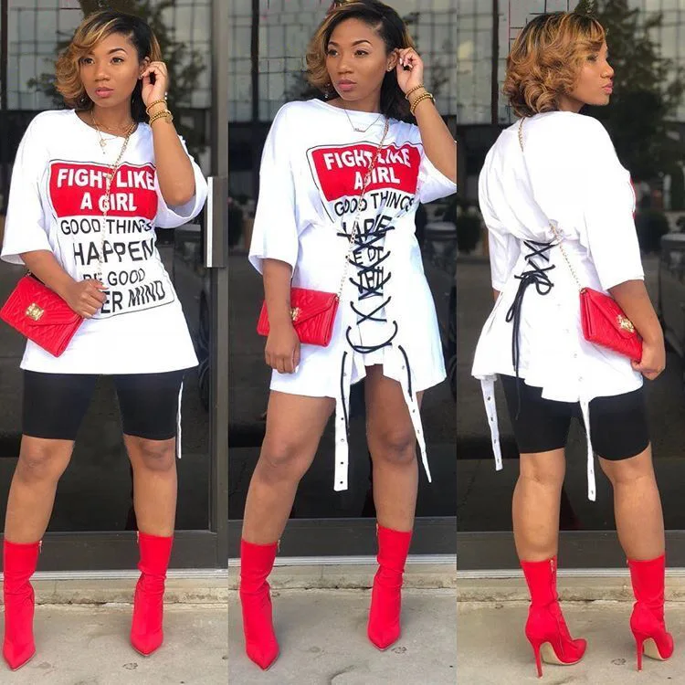 

Wholesale Fashion 2020 American Women Oversize Letter Printed Short Sleeve Casual Big T Shirt Dress For Women With Buckle, Blue or custom fall casual casual t shirt dress