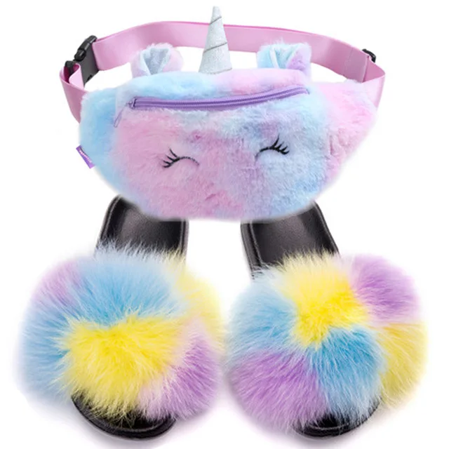 

Children Fur Slides Unicorn HandBag Set Fluffy Real Fox Fur Indoor Slippers Cute Cartoon Kids Furry Waist Bag Plush Sandals Shoe, 16colors