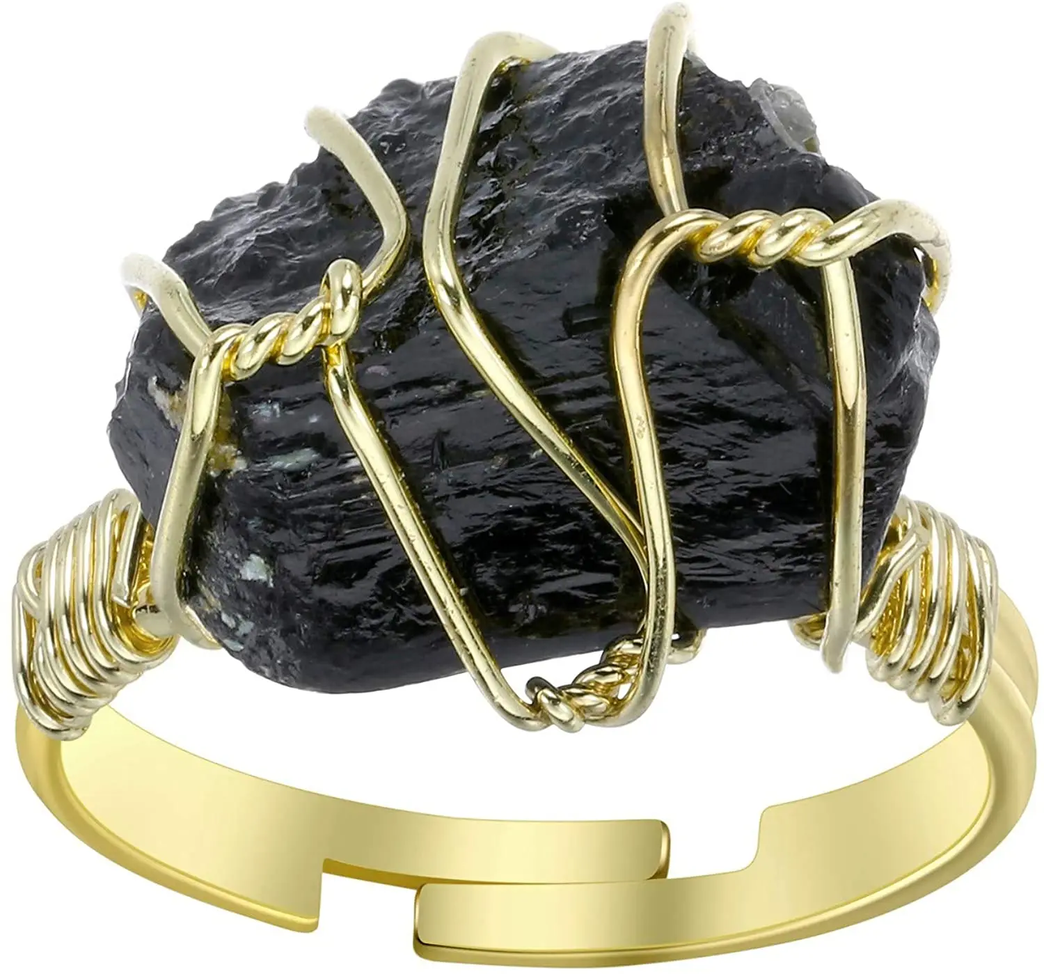 

Black Tourmaline Rough Stone Crystal Rings 18k Gold Plated Handmade Wire Wrapped Healing Stones Irregular Raw Vintage Rings