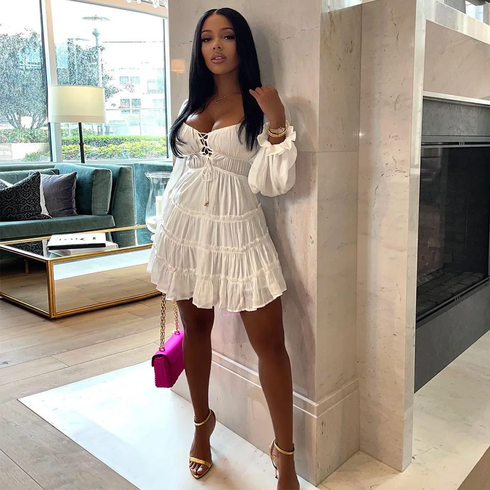 

Party Wear Cute Solid Elegant Lace-up Pleated Dress 1 Piece Long Puff Sleeves Bandage Casual Ruffle Midi Dresses For Ladies, Picture