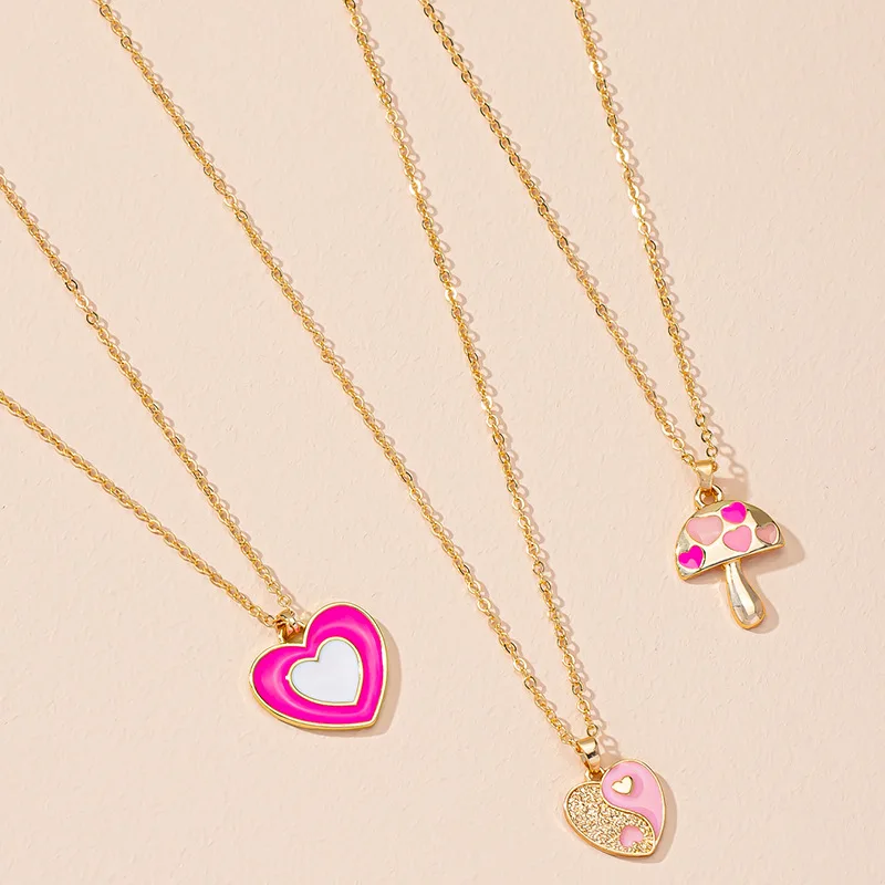 

Fashion Choker Thin Chain Enamel Heart Mushroom Shape Gold Plated Pendant Necklace For Women