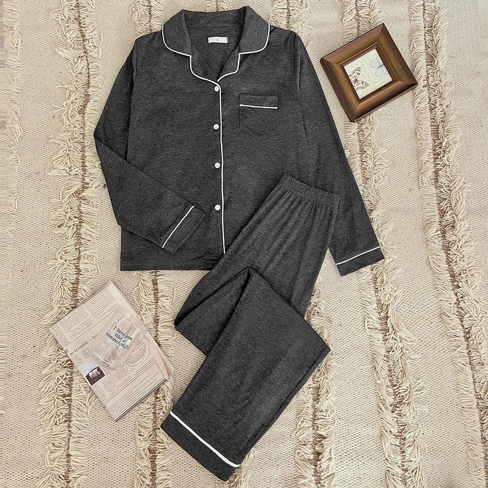 

Autumn winter deep grey solid color viscose 2pc set ladies pajamas sleepwear woman conjunto de pijamas invierno para mujer dama, Purple, deep gray