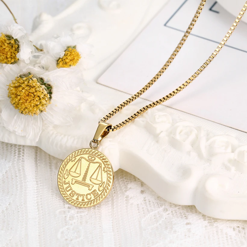 

New Justice Balance Scales Pendant Necklace Jewelry Custom Round Coin Gold Libra Zodiac Astrology Necklace Stainless Steel