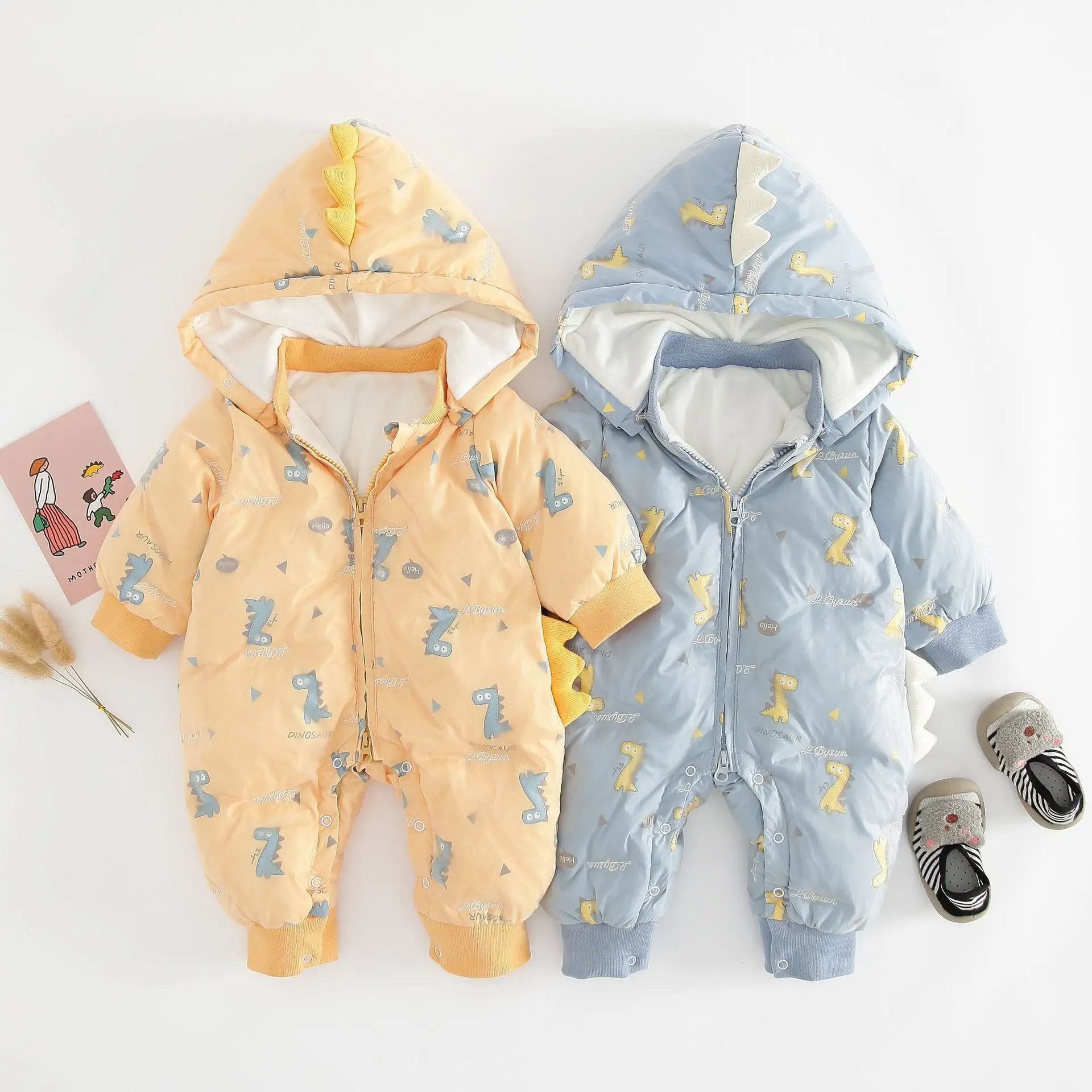 

Winter thickened baby down jacket one-piece romper 90% white duck down warm baby dinosaur hooded outing suit, Blue and yellow