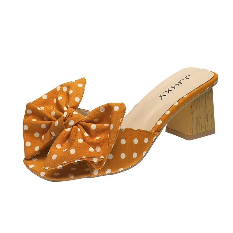 

2021 New Arrival Sweet Ladies Slippers Solid Color Fish Mouth Open Toe Fabric Bow Block Heel Women Beach Slippers