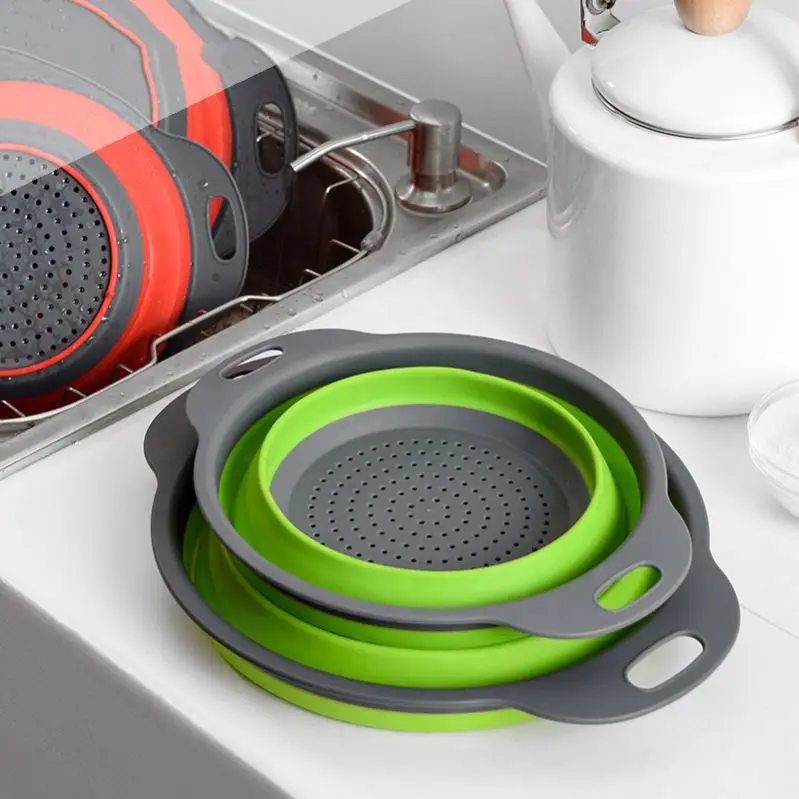 

Eco-friendly Silicone Collapsible Kitchen Strainer Folding Drain Baskets With Retractable Handles, Green, red,or customization