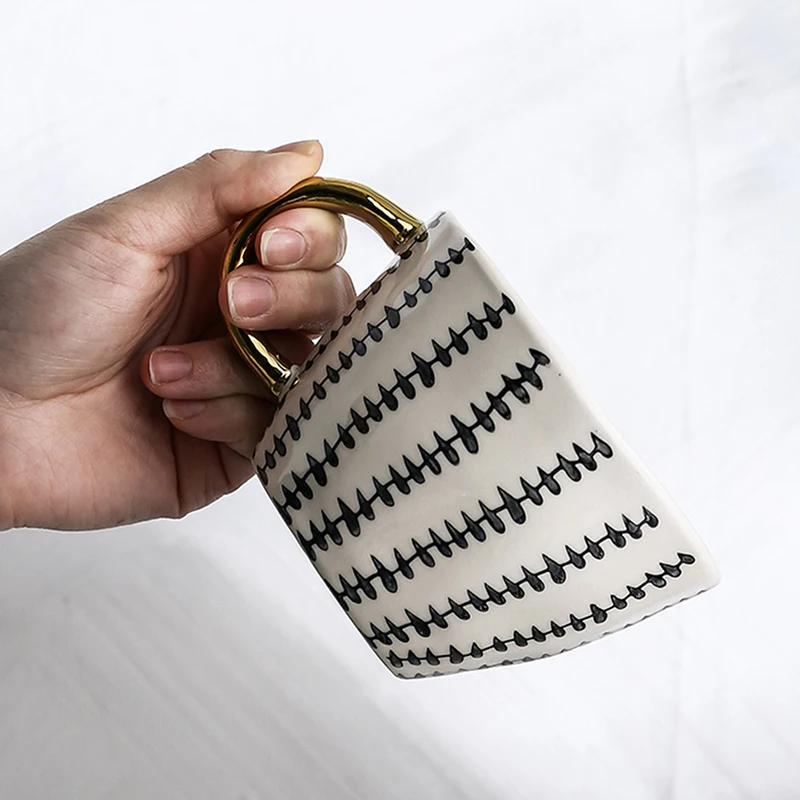 

Creative Irregular Handmade Ceramic Coffee Mug With Gold Handgrip Handmade Big Pottery Tea Cup Travel Kitchen Tableware Nordic H, As picture shows