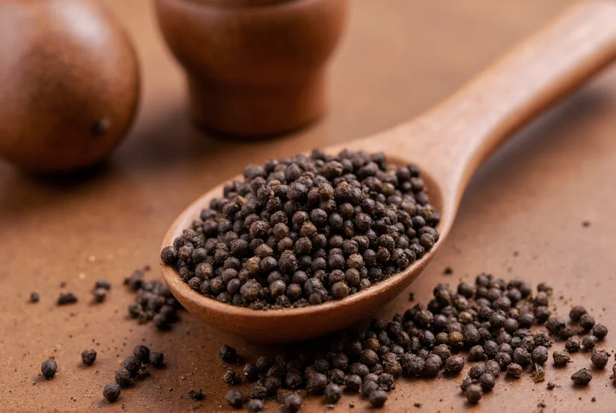 Close-up of freshly ground black pepper on wooden spoon with pepper mill