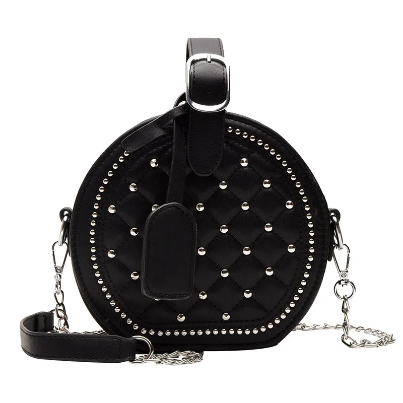 

Hot sale Handheld pu rivets shoulder bag Fashion Circle Round Crossbody Bags Round Purse Diamond lattice handbag for Women, Customized
