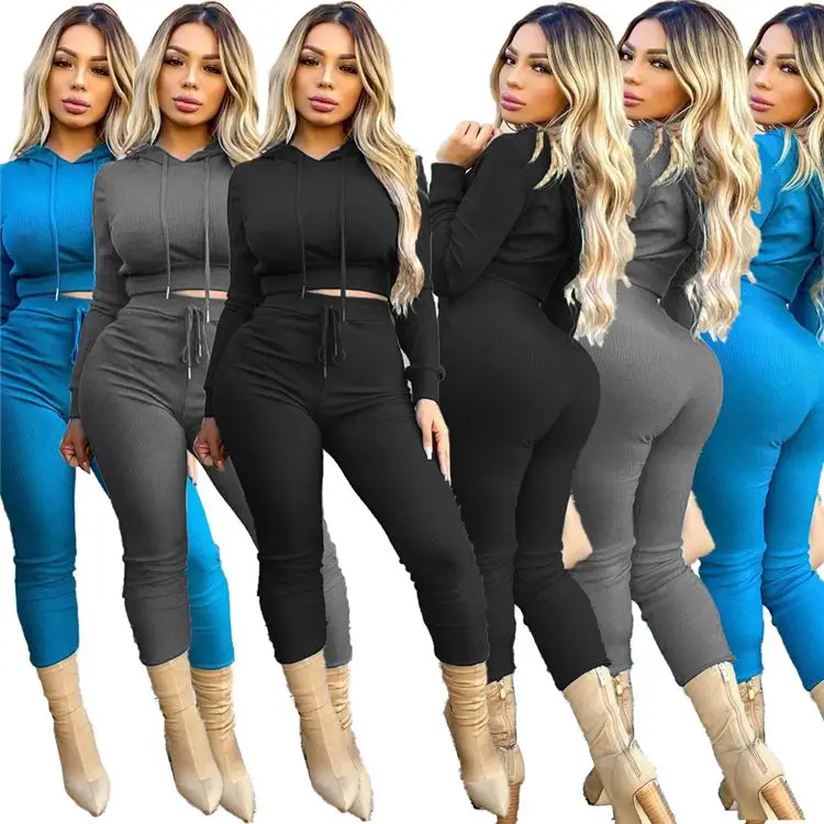 

Wholesale Lady Sweatsuit Hooded Long Sleeve High Waist Solid Bodycon Stretchy Rib Sexy Women Two Piece Set, Picture