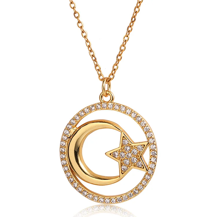 

Newest Arrival 18K Gold Plating Crystal Moon Star Necklaces Hollow Round CZ Star Moon Necklaces For Women Fashion Jewelry, Colorful