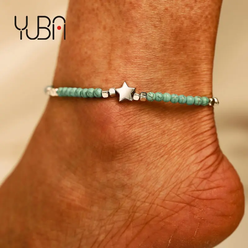 

Adjustable Rope Turquoise Beads Zinc Alloy Stars Anklet Silver Color Blue Seed Strand Green Bead Wrap Foot Chain Ankles