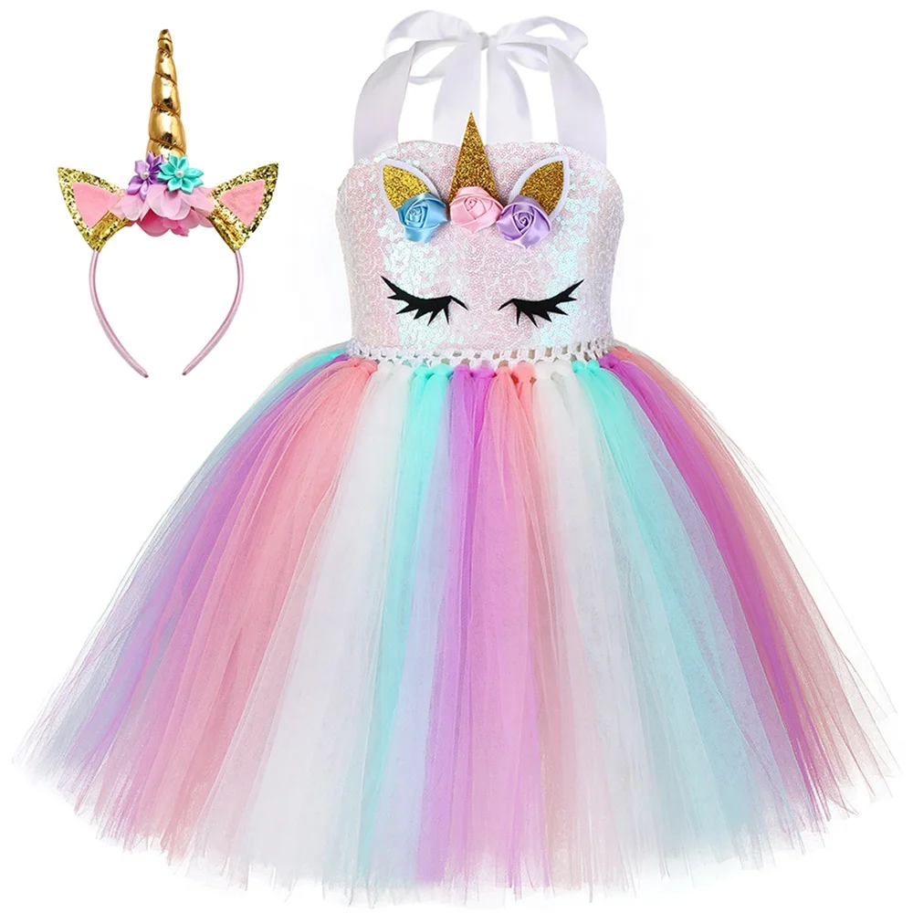 

Birthday Gift Rainbow Unicorn Party Princess Tutu Dress Up Clothes Costume for Girls 1-8Y with Headband, Colorful color as show