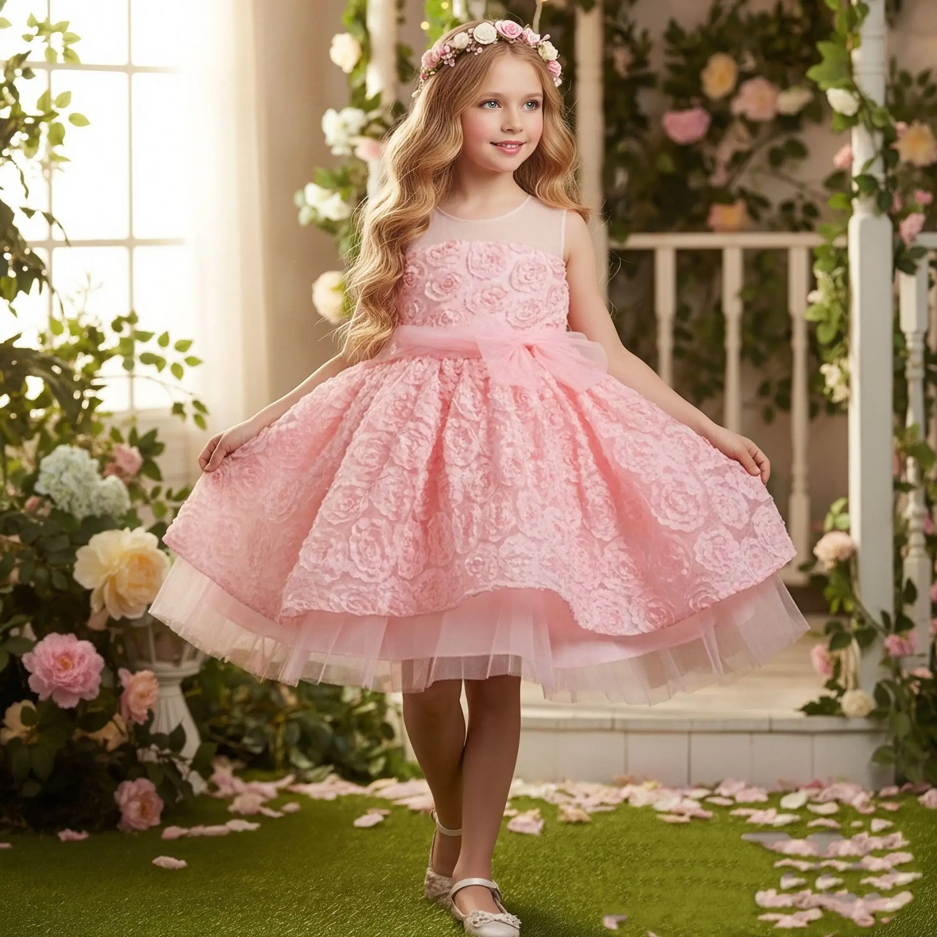 Elegant Style Flower Dresses for Girls of 10 Year Old Fluffy Summer Girls Birthday Party Dresses Red Kid Prom Wedding Dresses