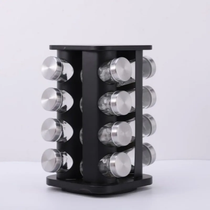 

Kitchen Stand Set 16pcs Revolving Rotating Glass Jars Stainless Steel Cruet Spice Rack, Black