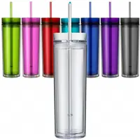 

16oz Clear Acrylic Skinny Tumbler Double Wall With Lid And Straw Mug Insulated Reusable Tumbler Plastic Cups