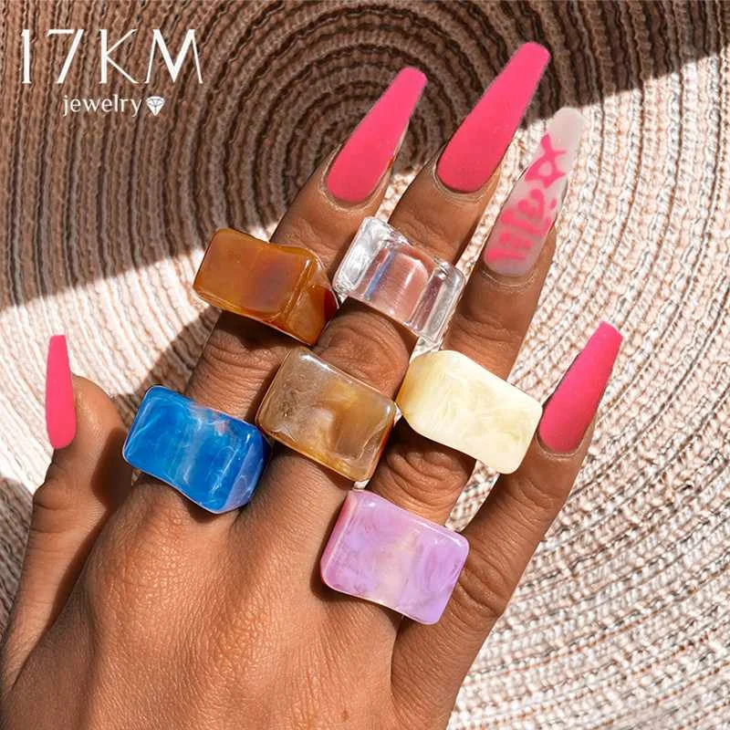 

2021 Geometric Square Acrylic Resin Rings Set Girls Irregular Marble Pattern Colorful Transparent Rings for Men and Women, Silver plated