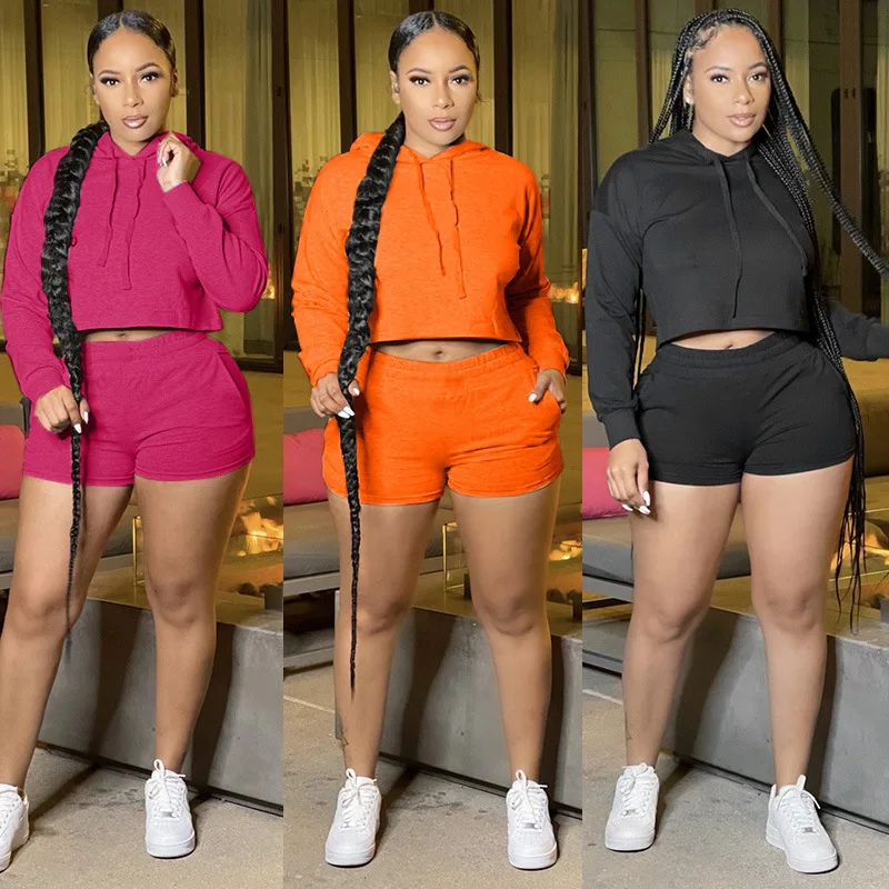 

womans fall outfit 2021 custom sweatsuit french terry cotton crop top hoodie short set women