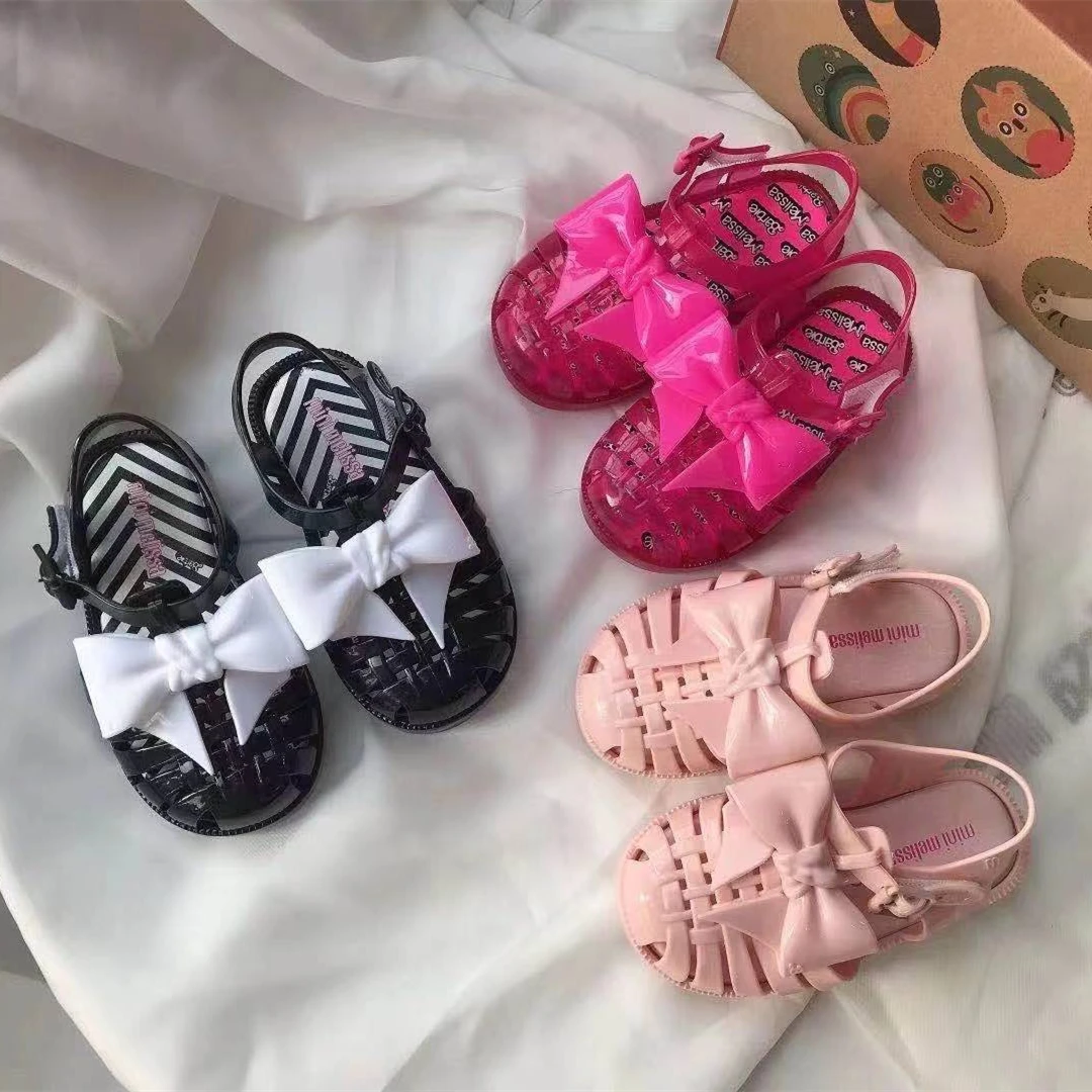 

2021 Summer Solid Color Big Bow Comfortable PVC Princess Girl's Flat Sandals