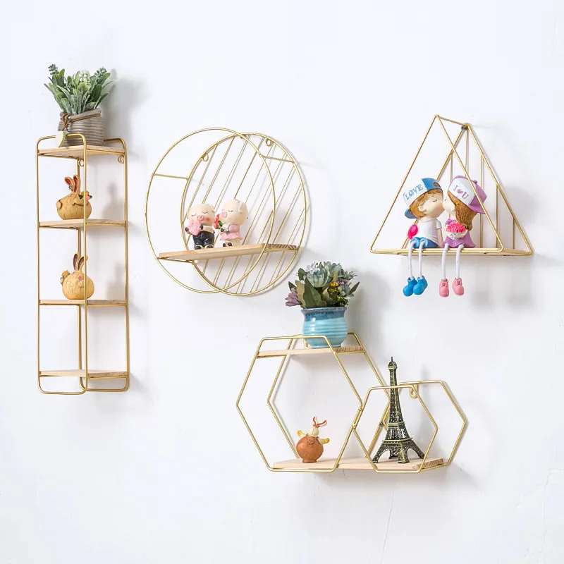 

Wholesale high quality polygonal geometric metal and wooden wall hanging shelves, As photo