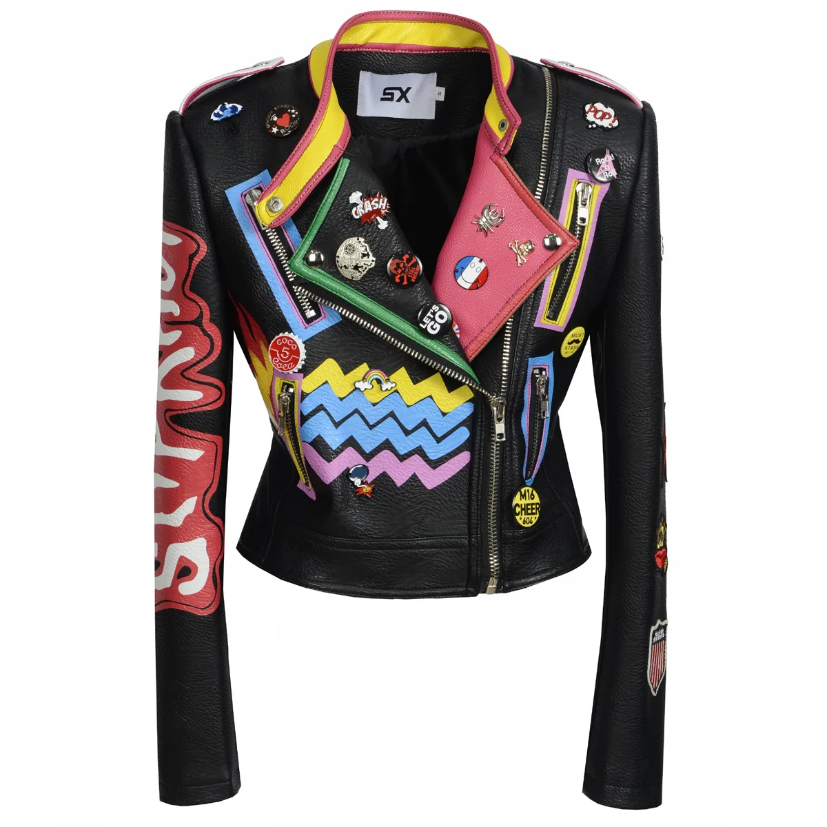 

2021 High Quality Rivet Graffiti Print Motorcycle Crop Leather Jackets For Women Punk Rock Design Lady PU Jackets