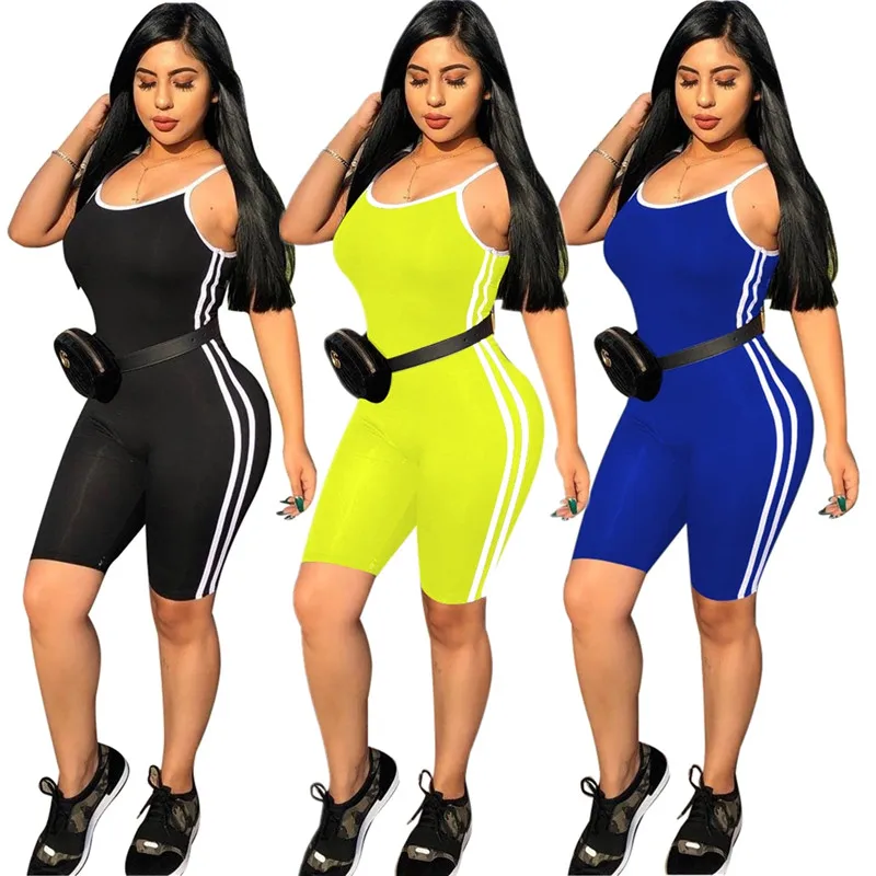 

Summer Casual Women Sleeveless Backless Biker Shorts Pants Side Striped Romper Jumpsuit, Black, yellow, blue