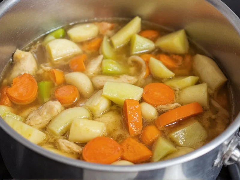 Simmering chicken broth with vegetables in stainless steel pot