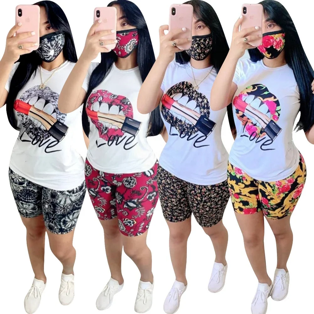

2021 New Summer Fashion Lip Print Casual T Shirt And Shorts Suit