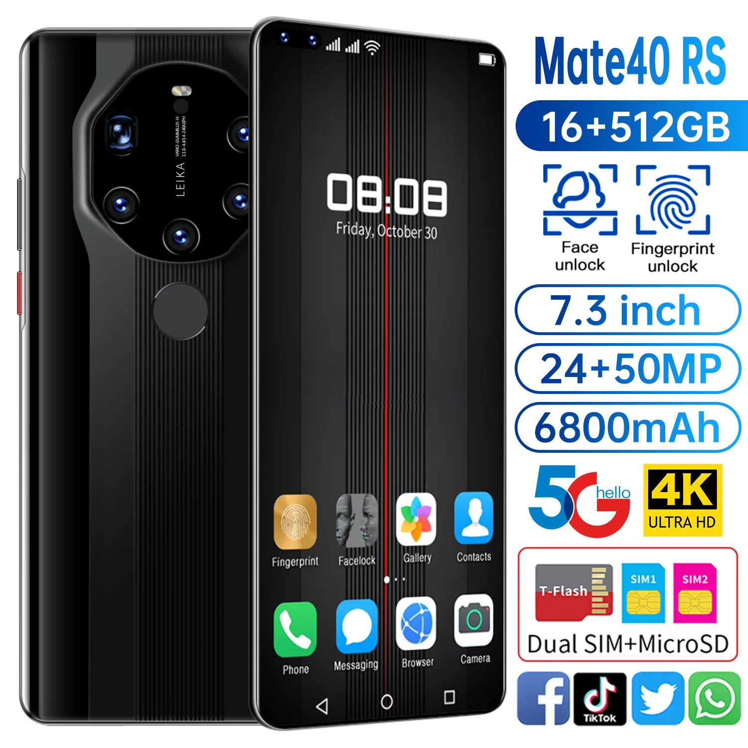 

7.2 Inch Mate40 RS Smartphone Android 10.0 16G+512G Face Unlock Mobile Phone Cell Phone