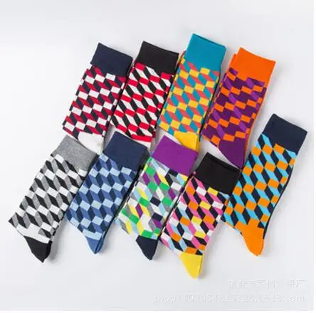 

Brand Quality Mens Happy Socks Striped Plaid Diamond Cherry Socks Men Combed Cotton Calcetines Largos Hombre