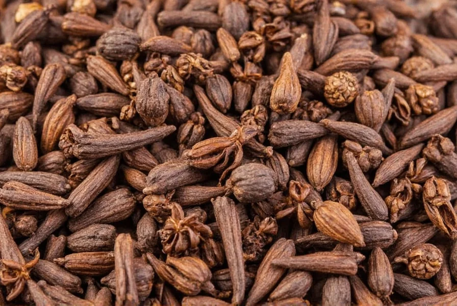 Close-up of dried cloves showing their nail-like shape and dark brown color