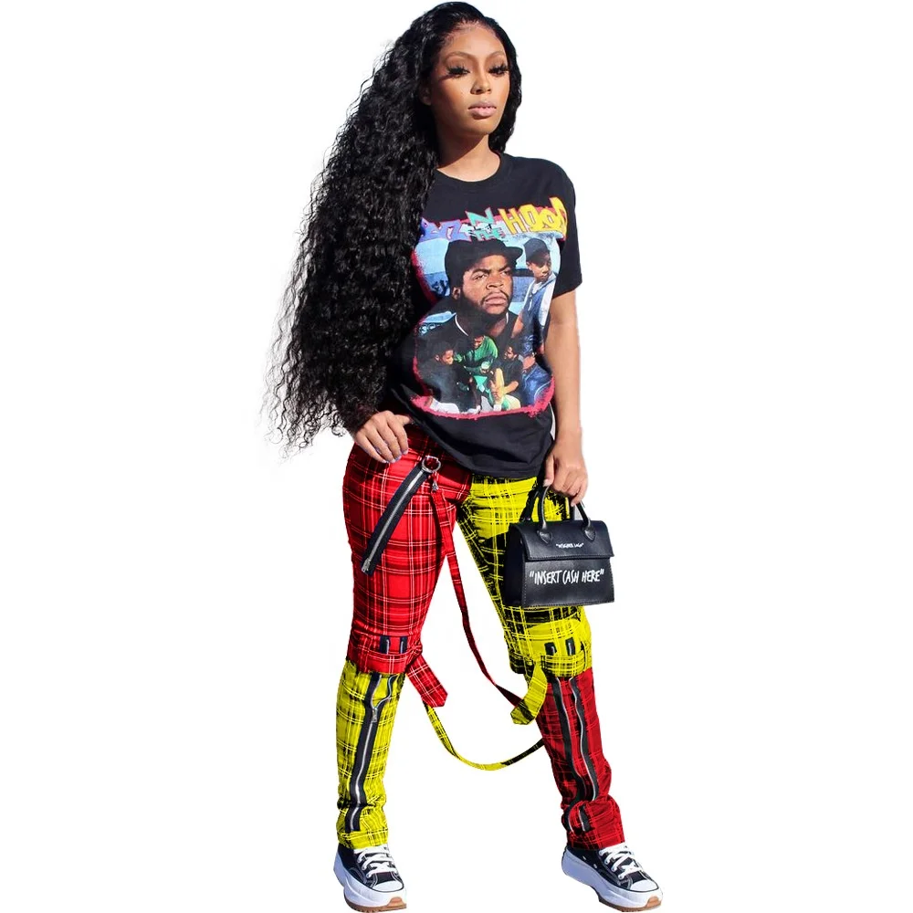 

2021 new arrival ladies trousers cargo pants contrast color patchwork zipper plaid bandage women plus size pants