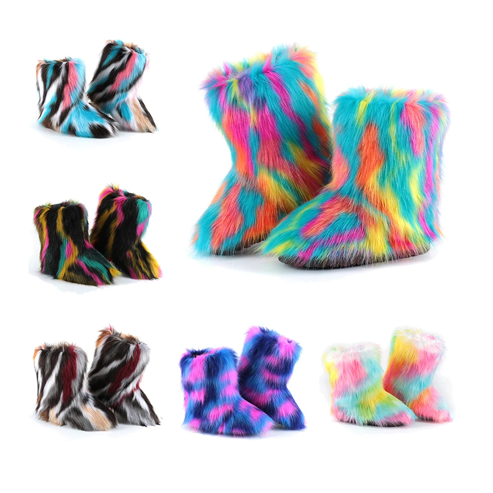 

2021 New Arrivals 14 Colors Fur Snow Boots for Women Shoes Fashion Middle Tube Furry Tie Dye Faux Women Snow Winter Boots, As pic show
