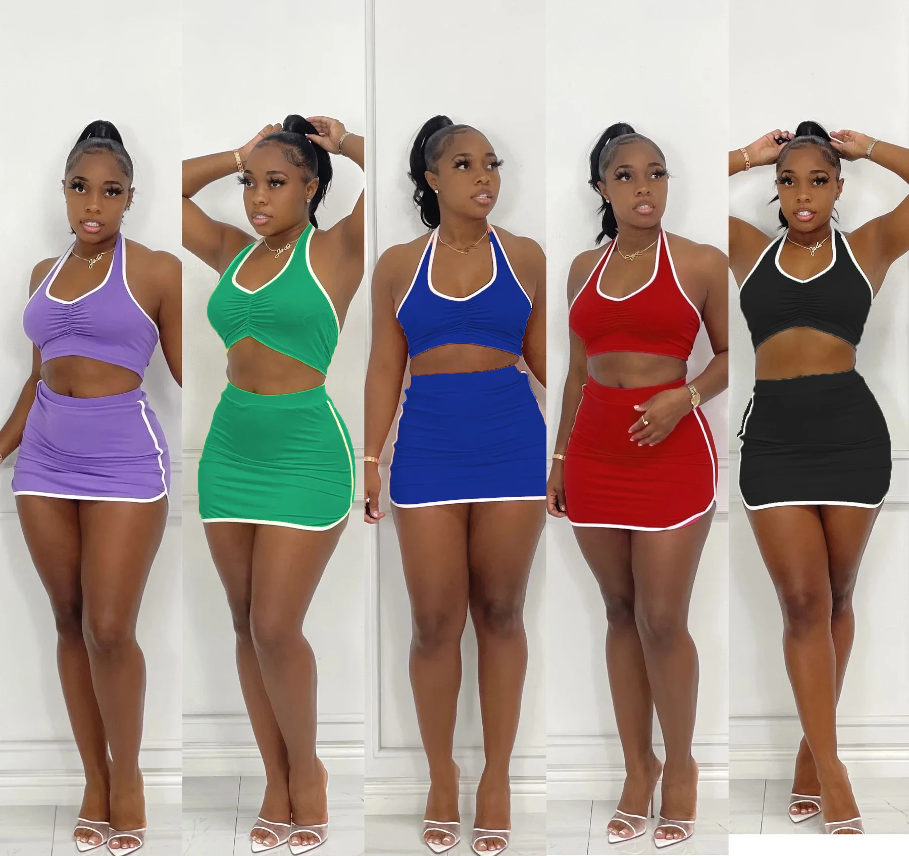 

Multi Color Custom Summer 2022 Two Piece Outfits for Women Halter Crop Top and Mini Skirts Set, Red, purple, black, blue, green