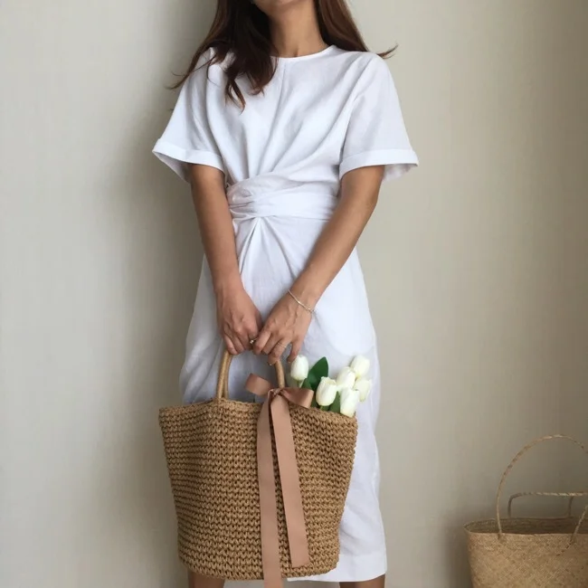 

2020 fashion vintage women's dress summer ladies ladies white linen casual skirt short sleeve dress