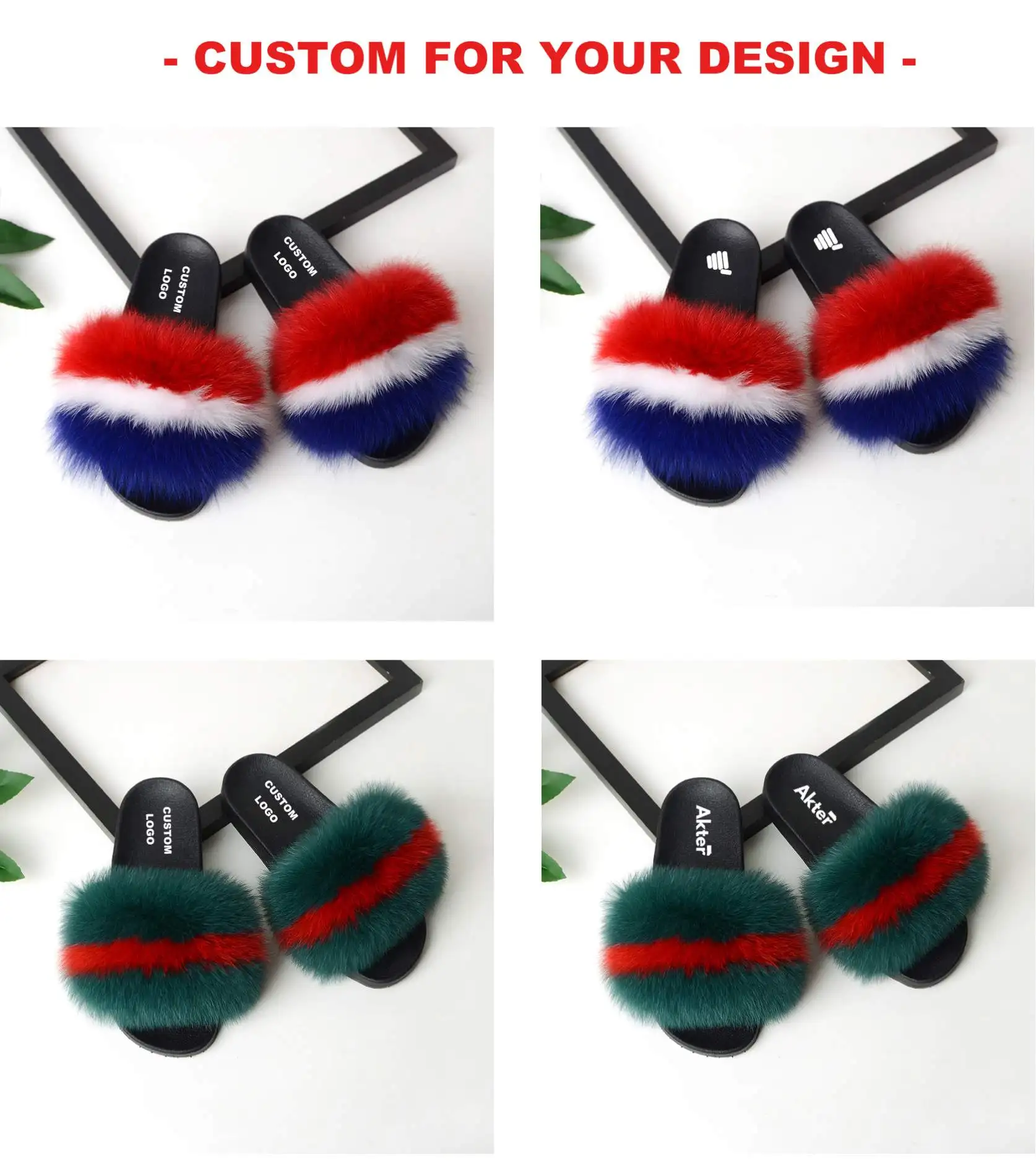 

Custom Logo L Designer Wholesale V Raccoon Kid Baby Faux Fox Big Real Fur Slide Slipper For Women and Matching Purse Handbag Set, All color available
