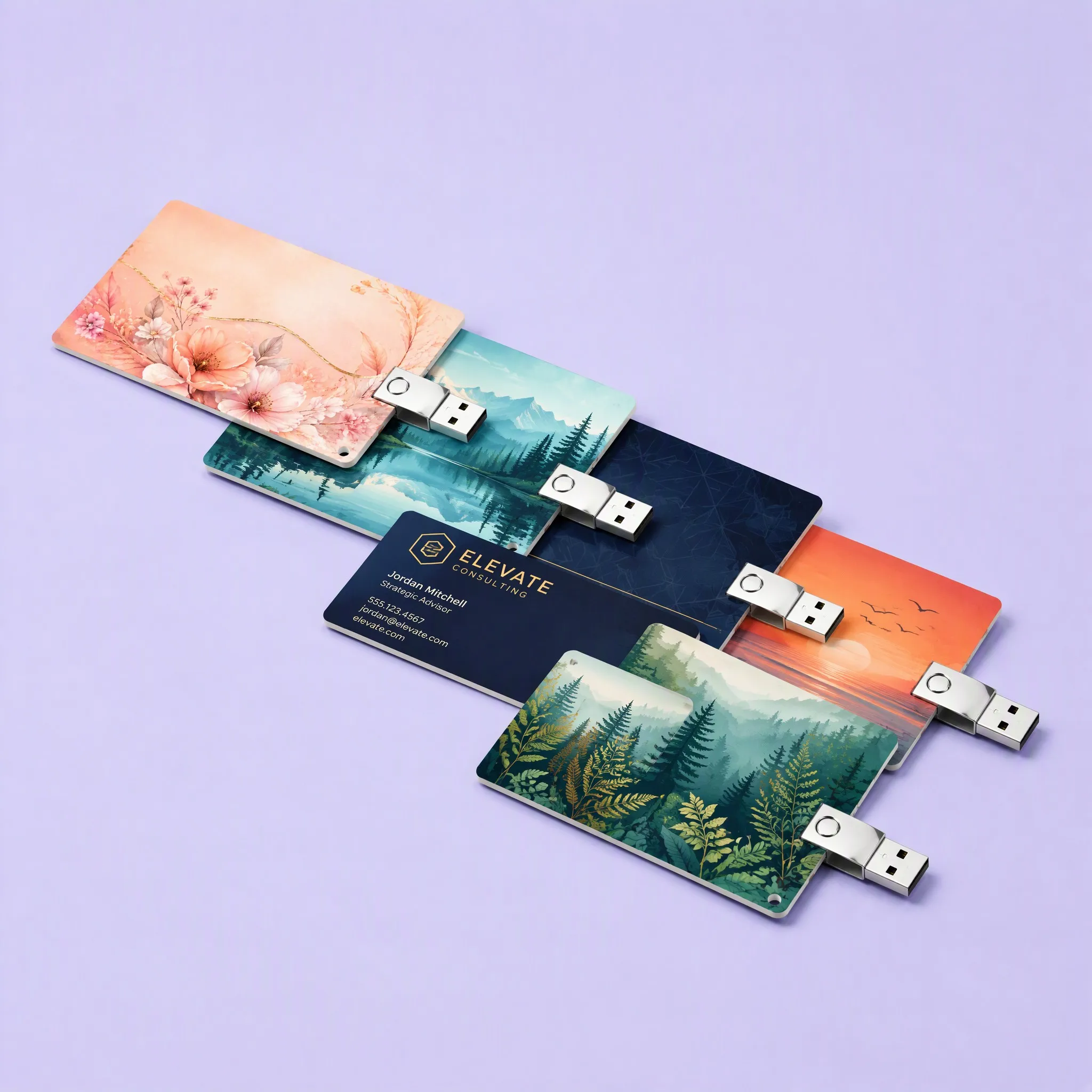 5-Design Cascade of Card USB Drives: Peach Floral, Alpine Mountain Lake, Navy Business Card, Ocean Sunset, and Forest Ferns