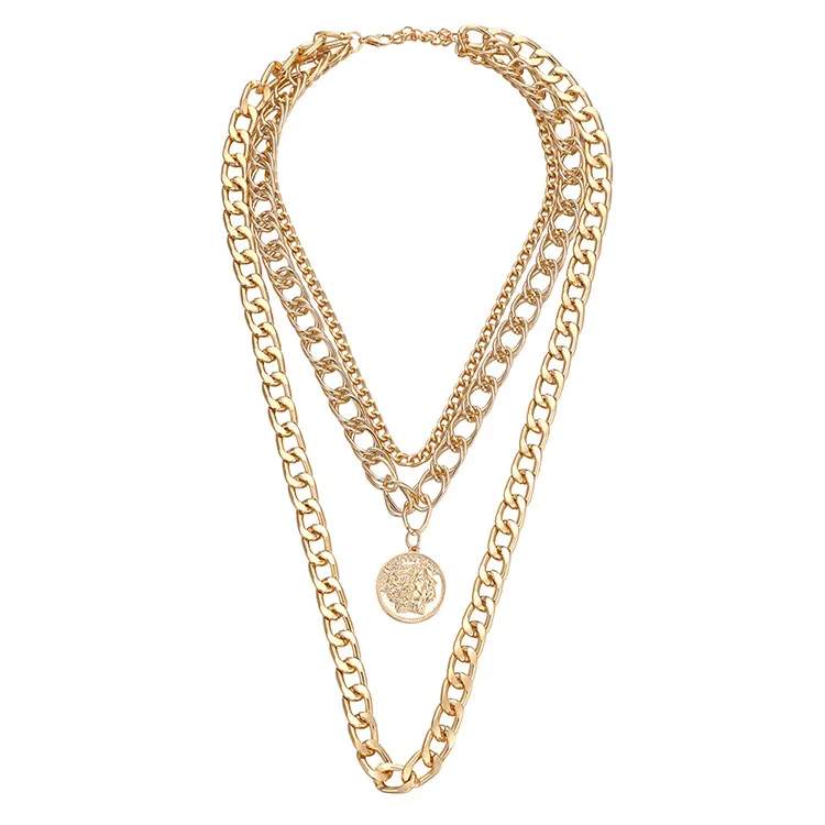 

Round Human Head Portrait 3 Layer Flat Chunky Big Gold Chain Pendant Chain Necklace