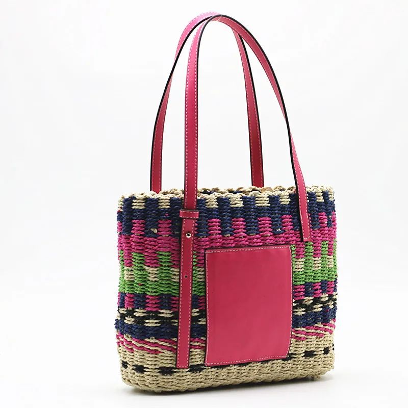 

Summer Fashion Colorful Plain Weave Straw Tote Handbag Handwoven Summer Basket Rattan Beach Bag