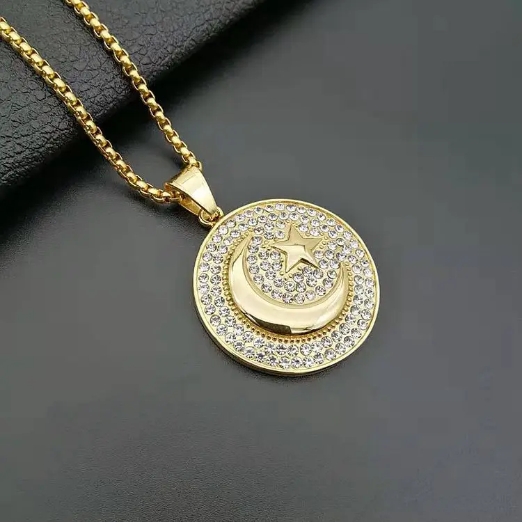 

New Muslim jewelry stainless steel gold plated necklaces allah rhinestone Islamic flag pendant necklace women men