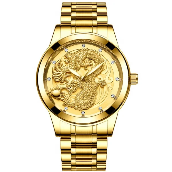 

High Quality Luxury Stainless Steel Band Luminous Quartz Diamond Men Gold Dragon Watch jam tangan pria