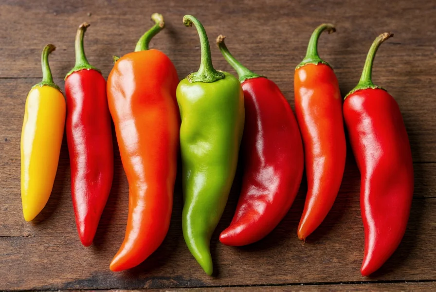 Close-up photography of various chili pepper varieties arranged by heat level from mild bell peppers to extremely hot Carolina Reapers on wooden background