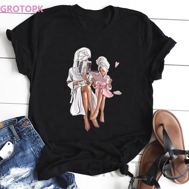 

Wholesale Mom and Daughter Sweet Morning Black T-shirts for Women Super Mama Print Femme Polyester Vogue T Shirt Streetwear Tops, Picture