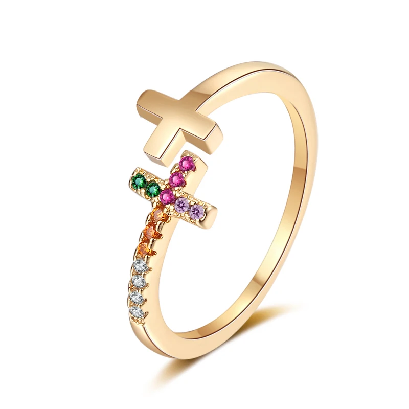 

Fashion Simple Religious Cross Open Ring Colorful Zircon Men Women Christian Jewelry Gold Plated Rings, Golden