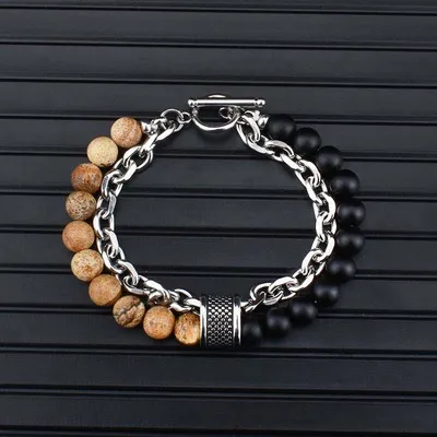 

Hot Sale Layered Link Chain Frosted Natural Stone Beads Bracelet Stainless Steel Tiger Eyes Beads Bracelet For Punk Men
