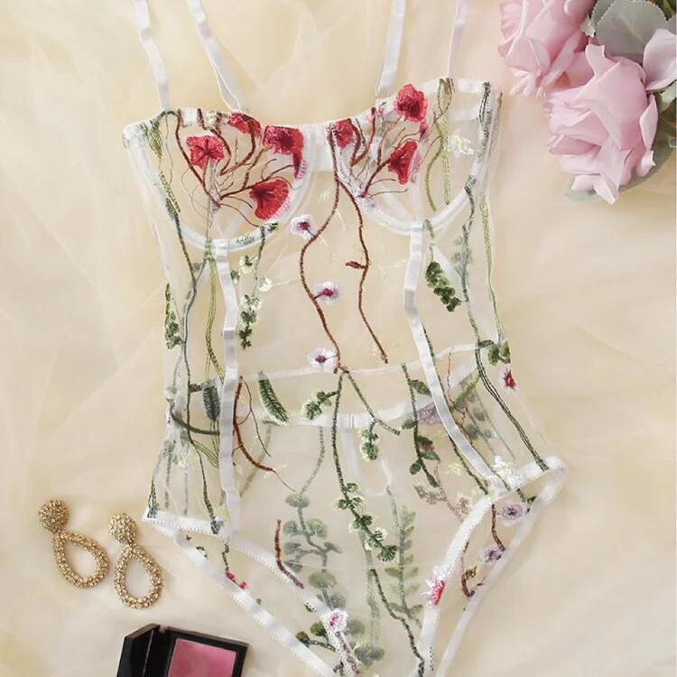 

Lenceria Mujer Flower Embroidery Lingerie Women Exotic Underwear Transparent Lace Mesh Bodysuit Teddy Nightwear