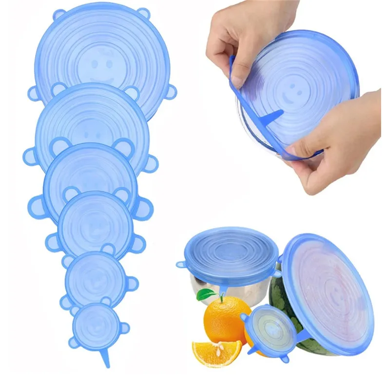 

Blue And Transparent Silicone Stretch Food Lid 6 Set Flexible Washable Reusable Bowl Cover Fits To Food Containers BPA Free, Blue and transparent or customizable