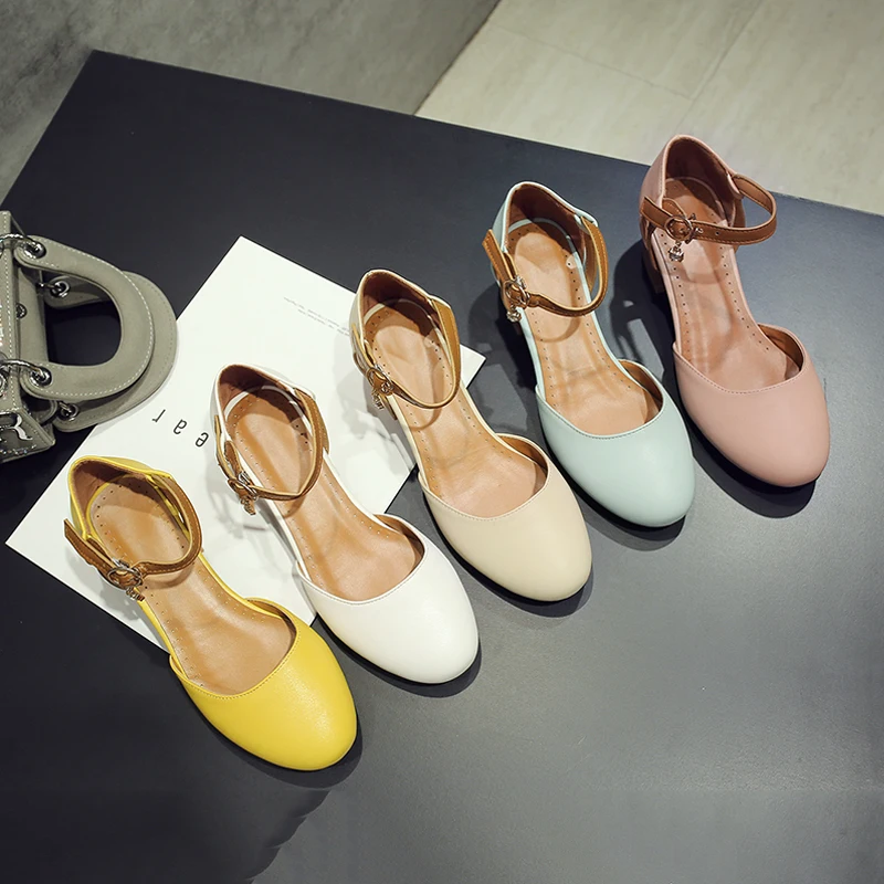 

Fashion Round-headed Low Heel Sexy Ankle Strap Single Shoes for Ladies, Yellow,pink, ecru,white,blue