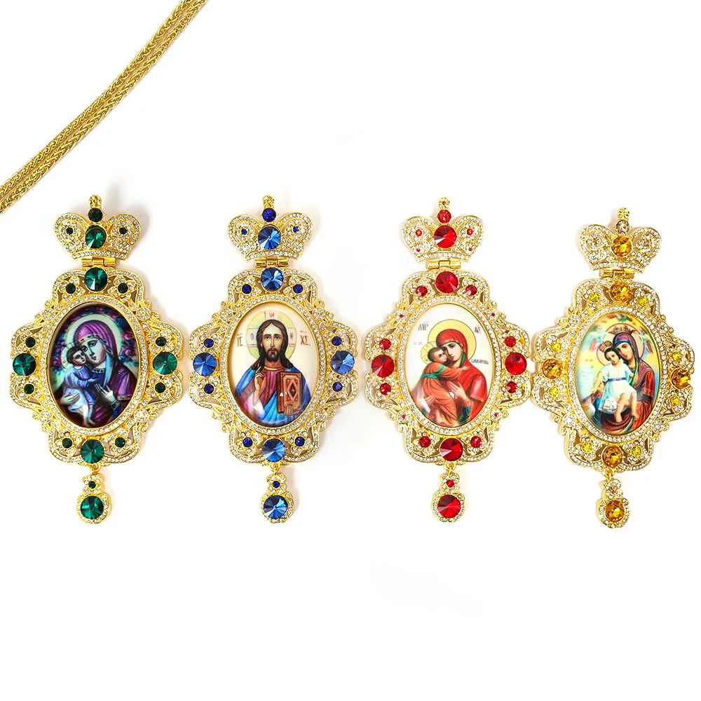 

ZD043 Oval Design Europe Orthodox 18k Gold Plated Pectoral Cross Necklace with Customize Icon Print and Color stones