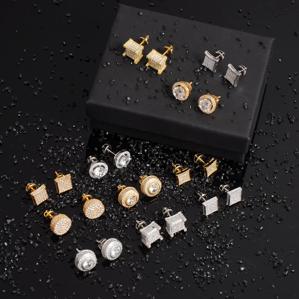 

2021 New Trend For Men Hip Hop Jewelry Round Stud Earrings Iced Out CZ Cubic Zirconia Earrings Classical Square Stud Earrings